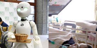 Robot z tacką w ręku i osoba leżąca na szpitalnym łóżku