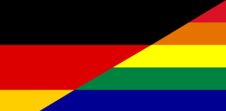Flaga Niemiec przełamana z flagą LGBT