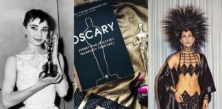 Dwie kobiety w wieczorowych strojach i okładka książki Oscary