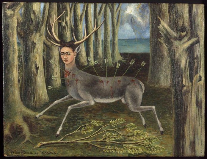Obraz zranionego jelenia z twarzą Fridy Kahlo