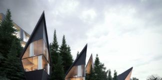 Geometryczne domy w środku lasu