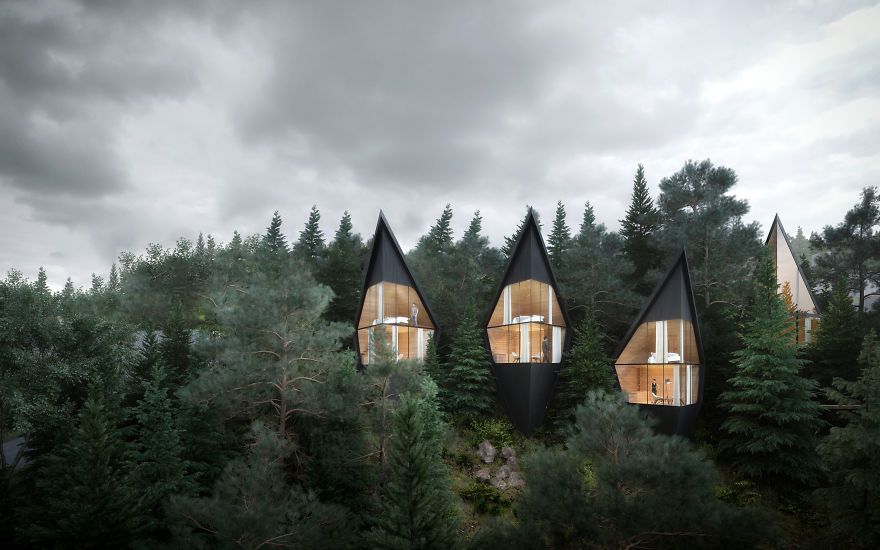 Geometryczne domy w środku lasu