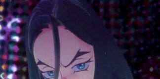 Animowana postać dziewczyny w ciemnych włosach z niebieskimi oczami