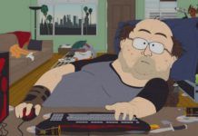 Animowana postać grubego mężczyzny przy komputerze