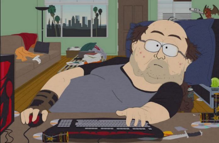 Animowana postać grubego mężczyzny przy komputerze