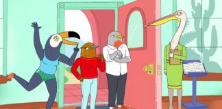 Kadr z serialu animowane przedstawiajacy cztery ptaki przebrane za ludzi