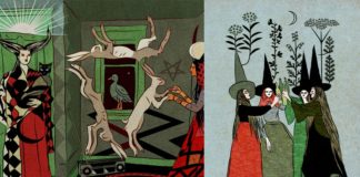 Dwie grafiki przedstawiające czarownice