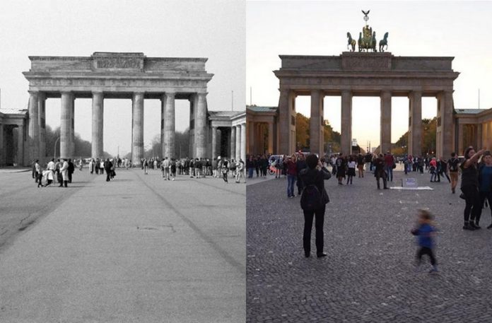 Dwa zdjęcia przedstawiające bramę brandeburską