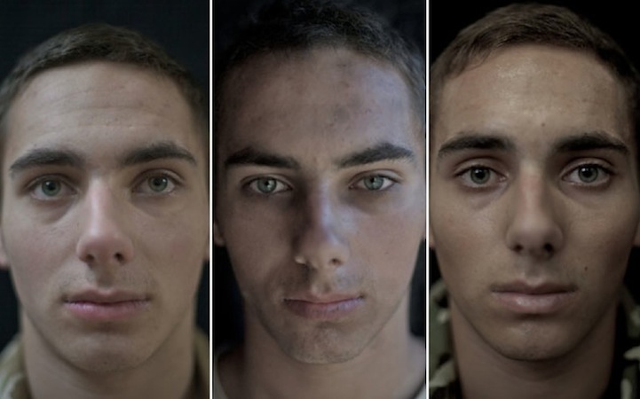 Trzy zdjęcia tego samego mężczyzny przed, w trakcie i po wojnie
