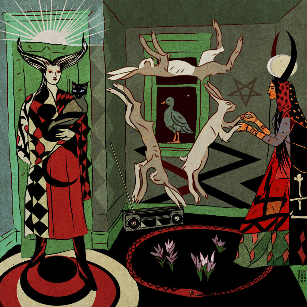 Rysunek przedstawiający czarownicę i króliki