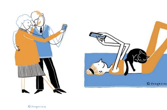 Dwie ilustracje przedstawiające ludzi ze smartfonami