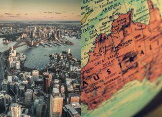 Zdjęcie przedstawiające mapę Sydney i globus z Australią