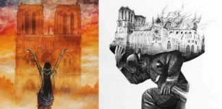 Dwie ilustracje upamiętniające pożar Notre Dame