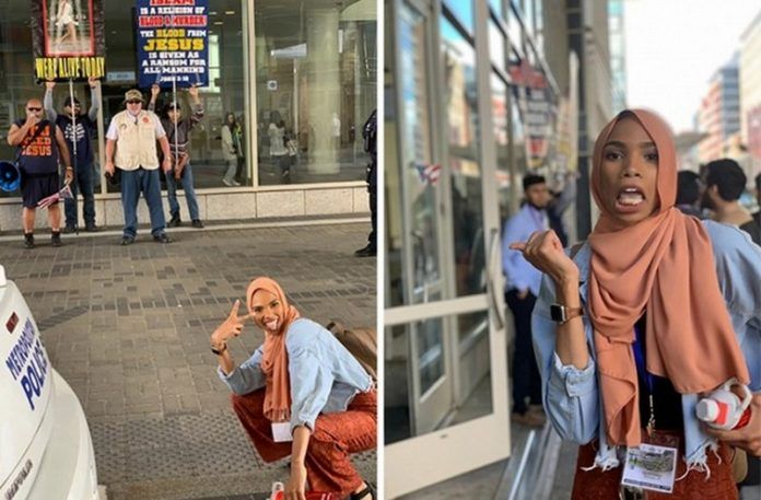 Dwa zdjęcia uśmiechniętej muzułmanki na tle prostetu