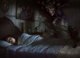 Rysunek przedstawiający śpiącą kobietę i demona