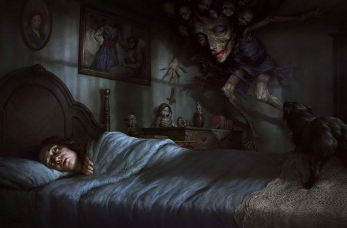 Rysunek przedstawiający śpiącą kobietę i demona
