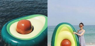 Dwa zdjęcia przedstawiające ponton w kształcie awokado