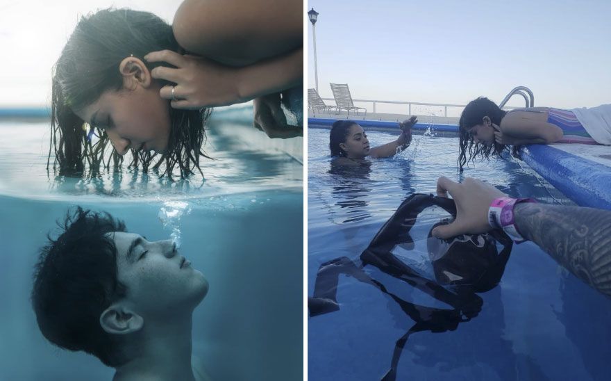 Zdjęcie dziewczyny całującej się z chłopakiem pod wodą
