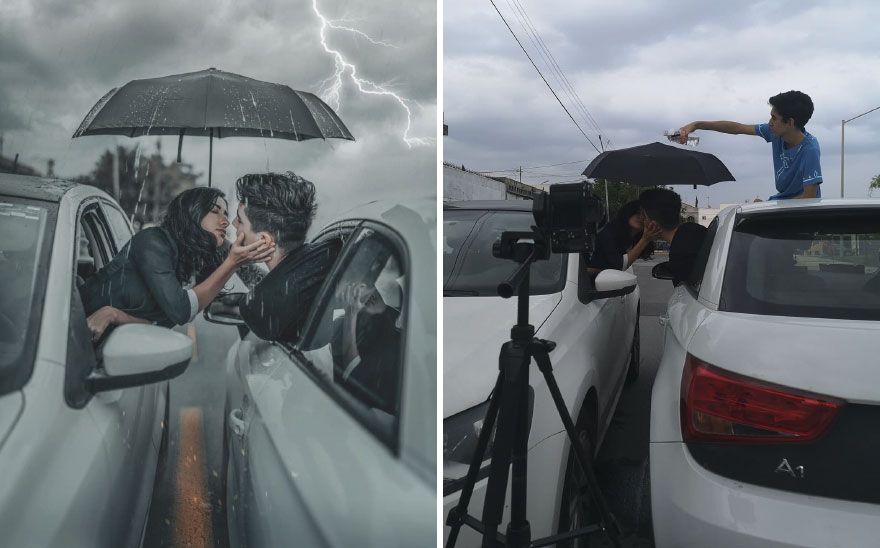 Zdjęcie pary wychylającej się z samochodu podczas burzy