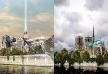 Dwie wizualizacje przedstawiające odbudowaną katedrę Notre Dame