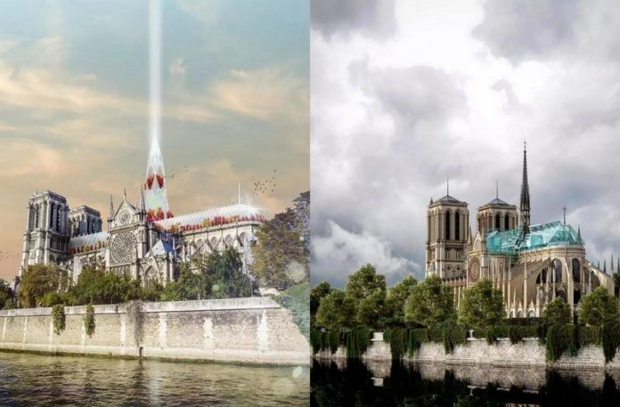 Dwie wizualizacje przedstawiające odbudowaną katedrę Notre Dame