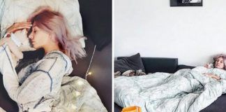 Dwa zdjęcia dziewczyny leżącej w łóżku