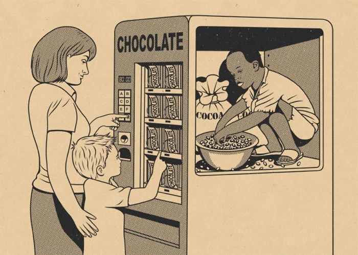 Ilustracja przedstawiajaca dziecko w automacie z przekaskami