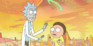 Rick i Morty na pomarańczowym tle, za nimi planety