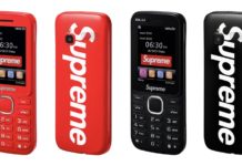 Cztery telefony marki Supreme, czerwone i czarne, duże logo Supreme na tyle