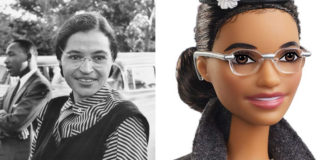 czarno-białe zdjęcie kobiety w okularach i zdjęcie lalki przedstawiające tę kobietę