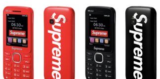 Cztery telefony marki Supreme, czerwone i czarne, duże logo Supreme na tyle