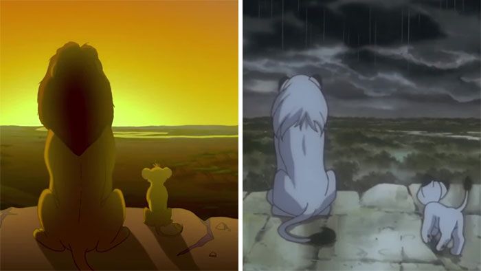 Porównanie dwóch scen, dwa lwy siedzące na wzgórzu