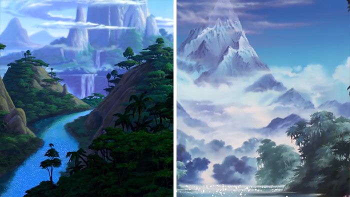 Porównanie dwóch scen, widoki, niebieska woda i góra