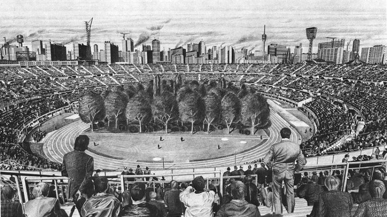 Rysunek przedstawiający las na stadionie