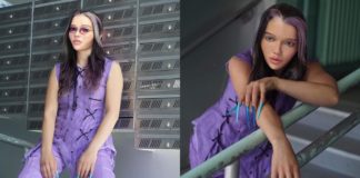 Dwa zdjęcia przedstawiające tę samą kobietę w fioletowym ubraniu, długich niebieskich paznokciach