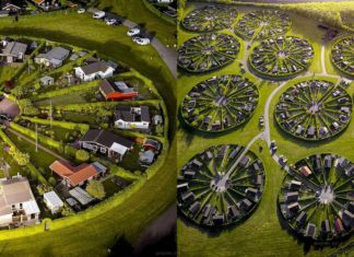 Dwa zdjęcia przedstawiające widok z lotu ptaka na okrągłe osiedla