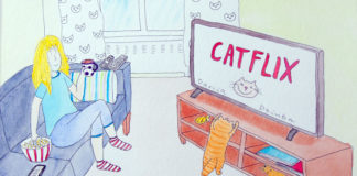 Rysunek przedstawiający kobietę i kota w salonie przed telewizorem