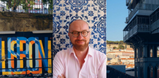 Dwa zdjęcie przedstawiające Lizbonę i zdjęcie mężczyzny po środku