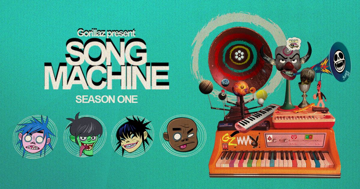 Grafika reklamująca projekt Gorillaz Song Machine. Na błękitnym tle twarze awatarów zespołu, z prawej maszyna do tworzenia muzyki