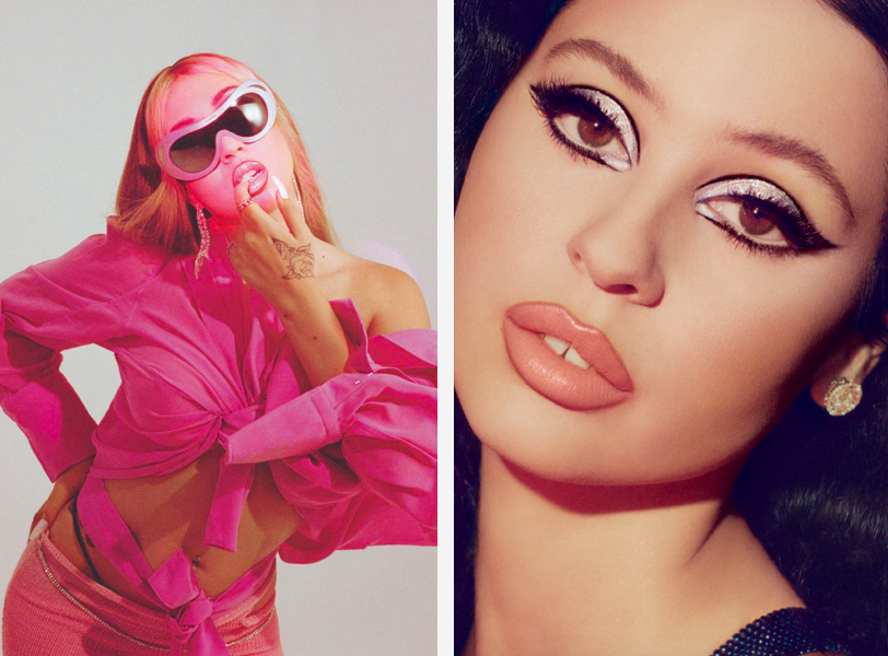Dwa zdjęcie na prawym jest portret latynoski w pięknym makijażu na lewym latynoska cala ubrana na różowo w przyciemnianych okularach