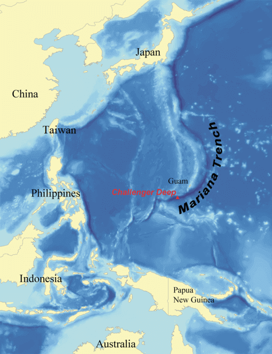 Mapa przedstawiająca położenie Rowu Mariańskiego