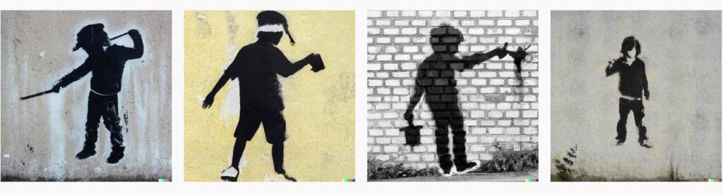 sztuczna inteligencja obraz chłopiec na ścianie styl Banksy