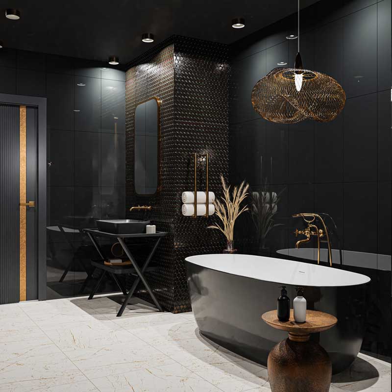 czarna lazienka z wanna wolnostojaca Projekty łazienek – od pomysłu do gotowego wnętrza