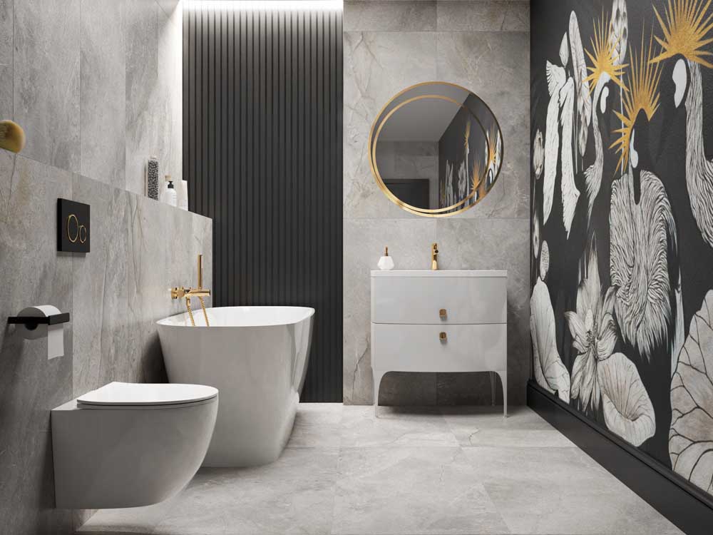 lazienka glamour z wielkoformatowa plytka Projekty łazienek – od pomysłu do gotowego wnętrza